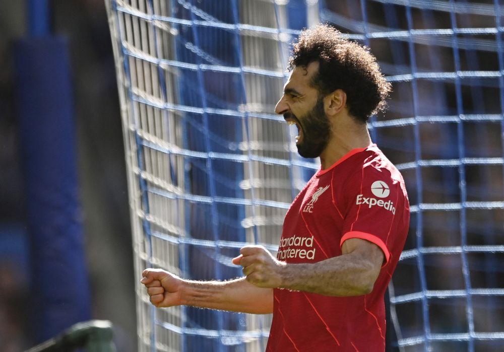 Liverpool's Mohamed Salah celebrates scoring their second goal against Brighton at the American Express Community Stadium, Brighton March 12, 2022. u00e2u20acu201d Reuters picnn