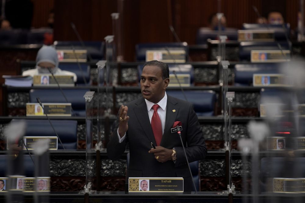 Human Resource Minister Datuk Seri M. Saravanan addresses members of Parliament at Dewan Rakyat March 8, 2022. u00e2u20acu201d Bernama pic
