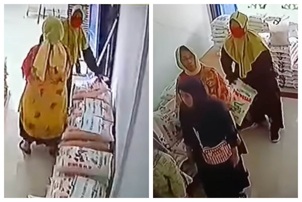 One of the women conceals the rice in her dress while the storekeeper is distracted. u00e2u20acu2022 Screengrab via Facebook/Siti Maryam