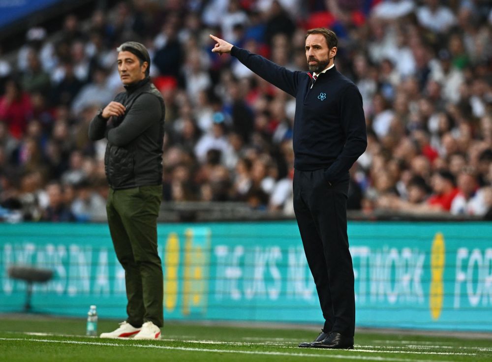 England manager Gareth Southgate and Switzerland coach Murat Yakin during the match at Wembley Stadium, London March 26, 2022. u00e2u20acu201d Reuters picnn