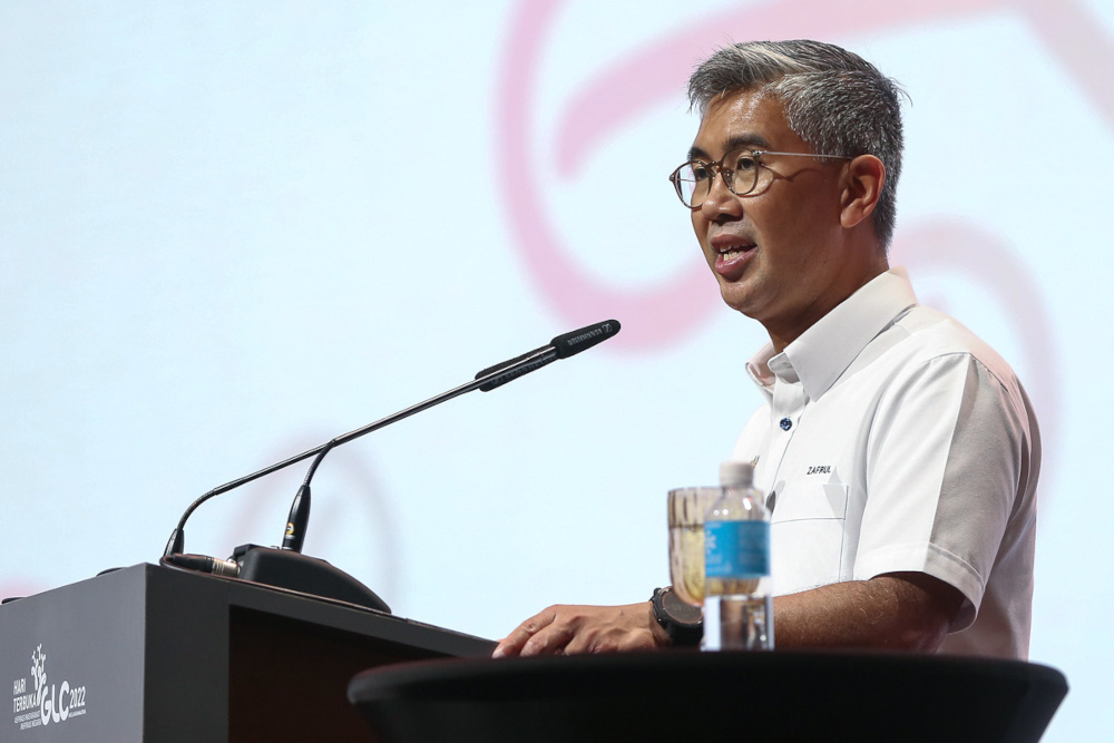 Finance Minister Datuk Seri Tengku Zafrul Abdul Aziz delivers his speech during the 2022 GLC Open Day at Kuala Lumpur Convention Centre, March 11, 2022. u00e2u20acu201d Picture by Yusof Mat Isa