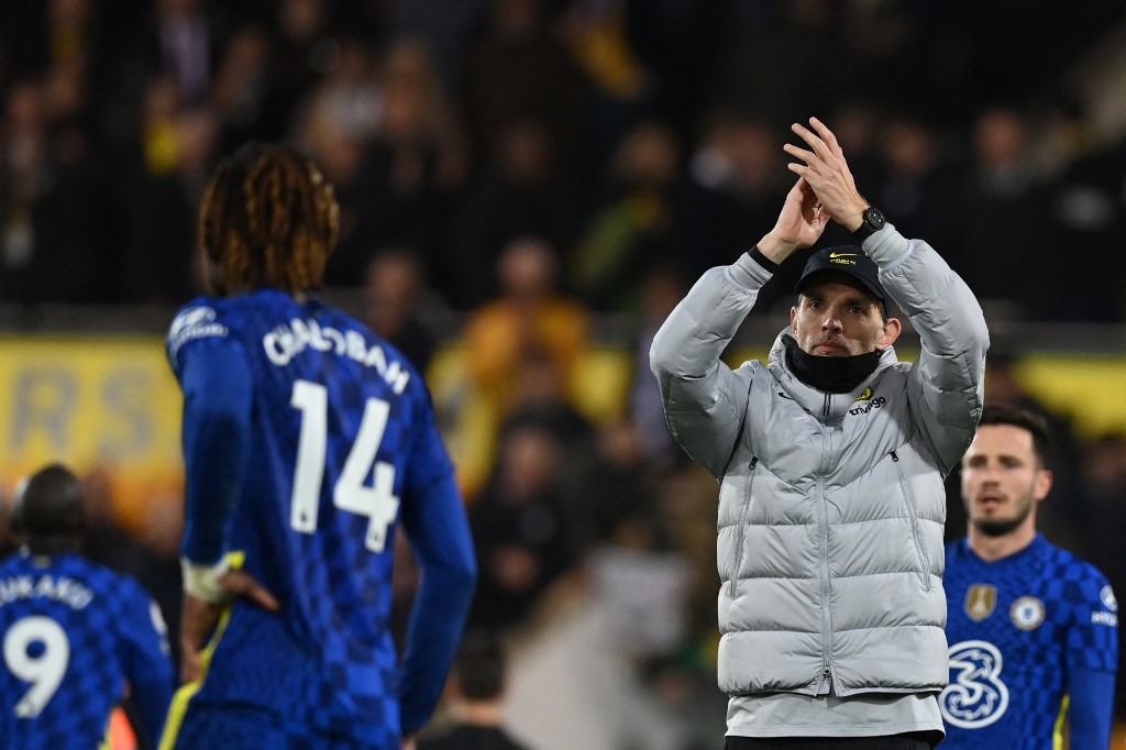Chelseau00e2u20acu2122s German head coach Thomas Tuchel applauds as he celebrates at the end of the English Premier League match between Norwich City and Chelsea at Carrow Road Stadium in Norwich, England, on March 10, 2022. u00e2u20acu201d AFP pic