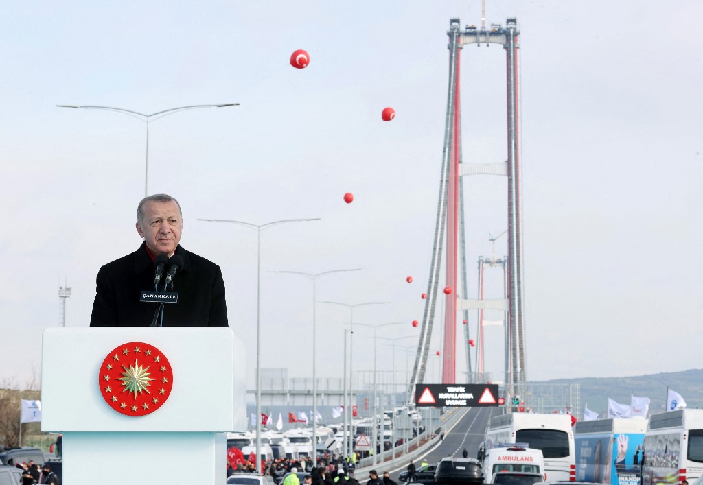 Turkish President Recep Tayyip Erdogan delivering a speech during the inauguration ceremony of the 1915 Canakkale Bridge over the Dardanelles strait, March 18, 2022, in Canakkale, northwestern Turkey. u00e2u20acu201d Turkish Presidential Press Service/AFP pic