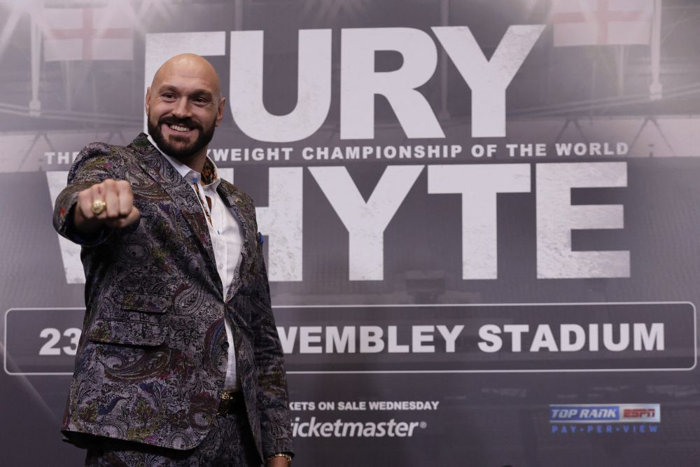 Tyson Fury performs a head to head without Dillian Whyte at Wembley Stadium, London March 1, 2022. u00e2u20acu201d Reuters pic