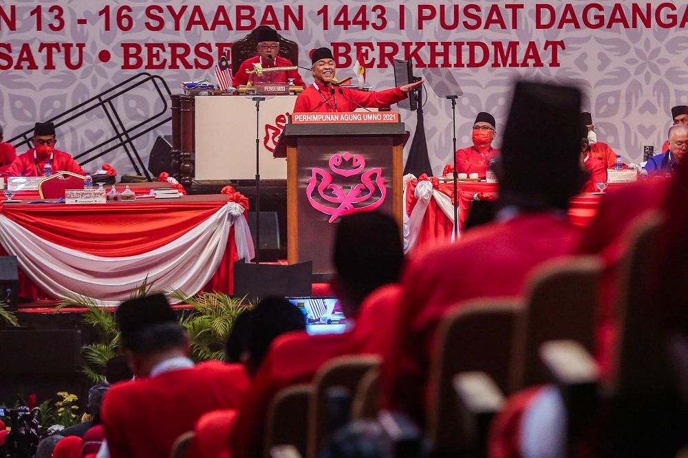 Umno president Datuk Seri Ahmad Zahid Hamidi delivers his opening speech during the 2021 Umno General Assembly at the World Trade Centre in Kuala Lumpur March 18, 2022. u00e2u20acu2022 Picture by Hari Anggara 