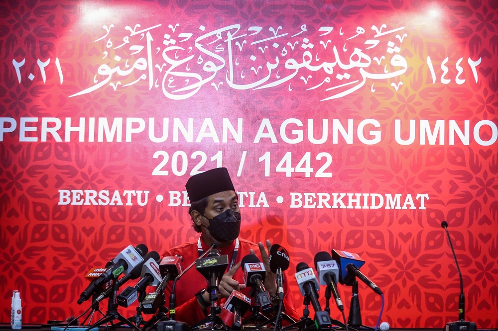 Khairy Jamaluddin speaks to reporters at World Trade Center (WTC) for the 2021 Umno General Assembly in Kuala Lumpur March 18, 2022. u00e2u20acu2022 Picture by Hari Anggara