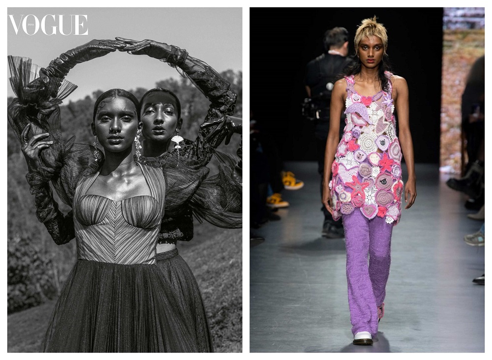 Vanizha in a Vogue India shoot (left) and on the runway for the Marco Rambaldi show at Milan Fashion Week. ― Pictures courtesy of Vanizha Vasanthanathan