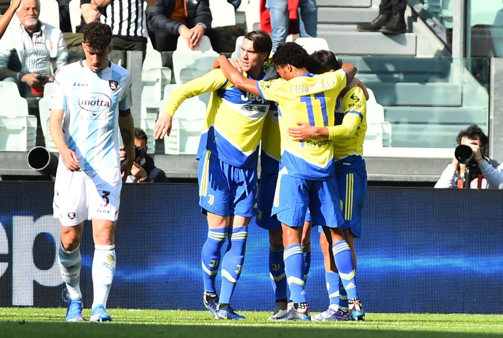 Juventus' Dusan Vlahovic celebrates scoring their second goal against Salernitana with teammates at the at Allianz Stadium, Turin March 20, 2022. u00e2u20acu201d Reuters picnnnnn