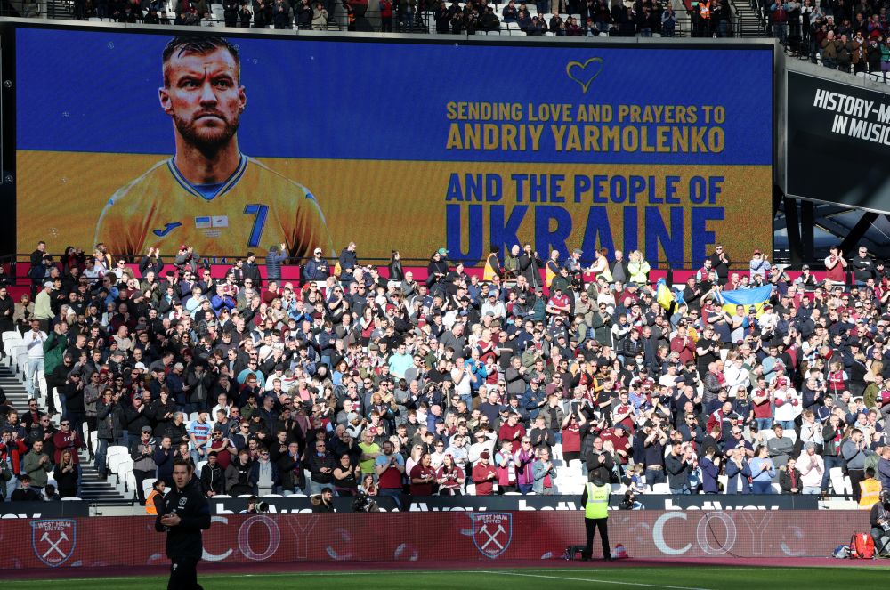 West Ham United's Andriy Yarmolenko is seen on the screen with a message in support of Ukraine before the match against Wolverhampton Wanderers at London Stadium February 27, 2022. u00e2u20acu201d Reuters picn