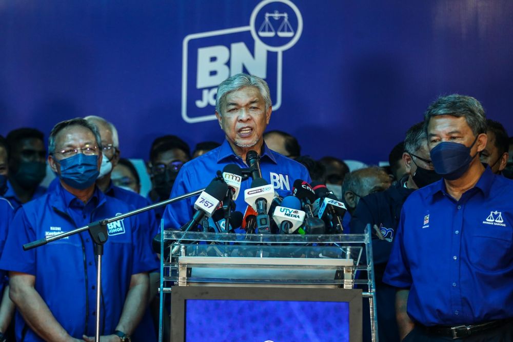 Barisan Nasional chairman Datuk delivers a speech at the Johor Umno Liaison Hall in Johor Baru March 12, 2022. u00e2u20acu201d Picture by Hari Anggarann