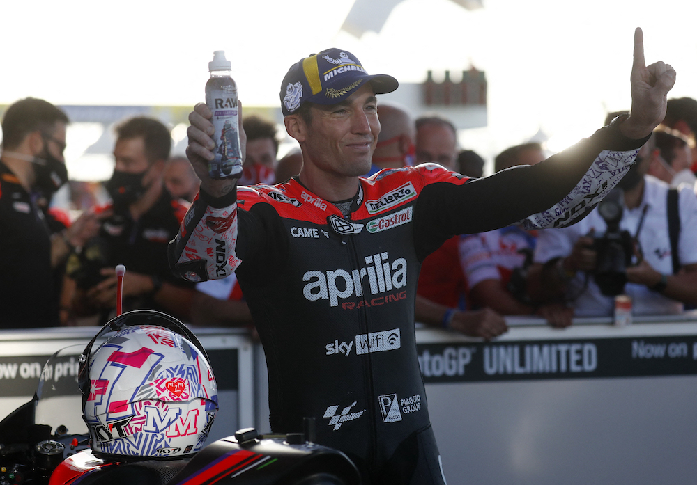 Aprilia Racing's Aleix Espargaro celebrates after qualifying in pole position in Termas de Rio Hondo, Argentina April 2, 2022. u00e2u20acu201d Reuters pic