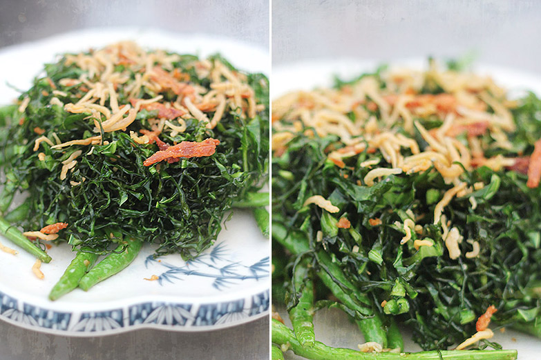 Green Bean Floss – crispy stir-fried French beans topped with deep-fried shredded 'kai lan', dried anchovies, and dried squid.