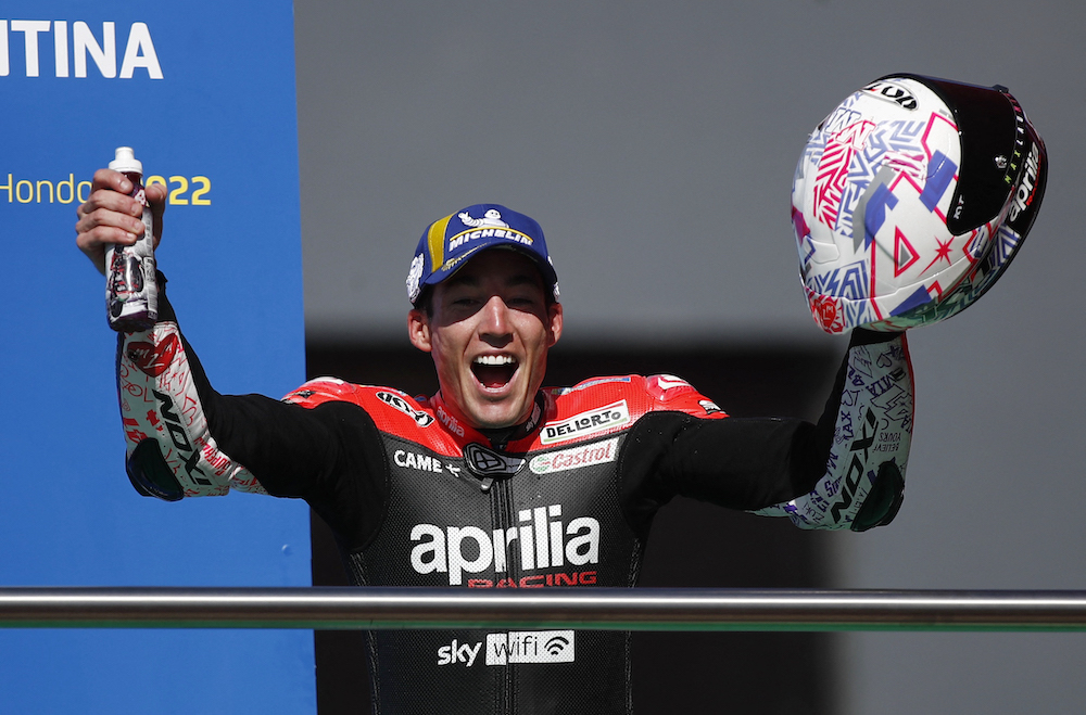 Aprilia Racing's Aleix Espargaro celebrates on the podium after winning the race in Argentina April 3, 2022. u00e2u20acu201d Reuters pic