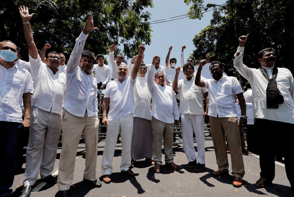 Members of opposition alliance, Samagi Jana Balawegaya shout slogans against President Gotabaya Rajapaksa near Independence Square in Colombo, Sri Lanka April 3, 2022. u00e2u20acu201d Reuters pic