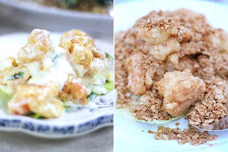 Creamy and sweet Salad Prawns (left) and crunchy Nestum Prawns (right).