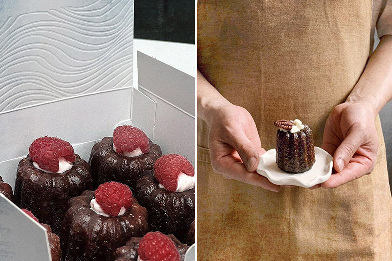 The Ispahan, inspired by Pierre Hermé’s famous dessert (left). Aimie’s favourite Maple Pecan 'canelé' (right).