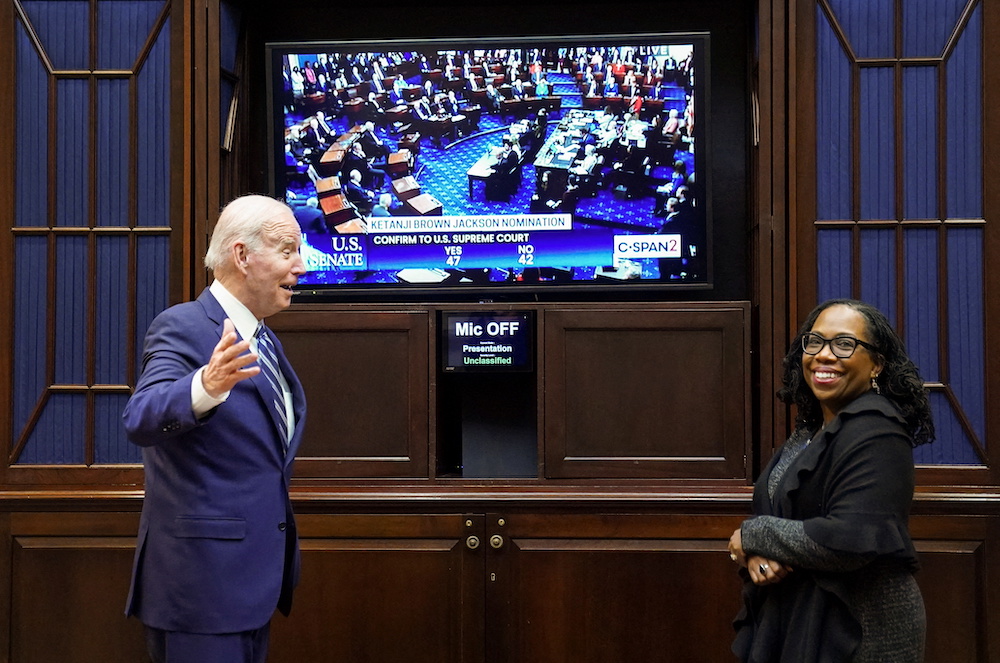 US President Joe Biden and Judge Ketanji Brown Jackson watch as the Senate votes to confirm her to the US Supreme Court, from the Roosevelt Room at the White House in Washington April 7, 2022. u00e2u20acu201d Reuters pic