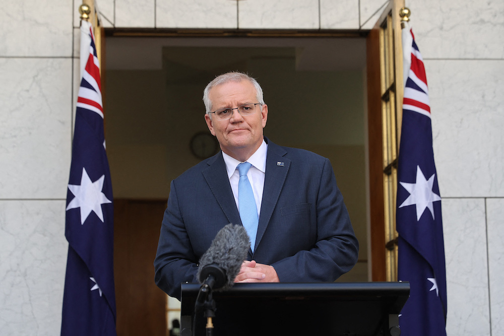Australia's Prime Minister Scott Morrison attends a press conference at Parliament House in Canberra April 10, 2022. u00e2u20acu201d AFP pic