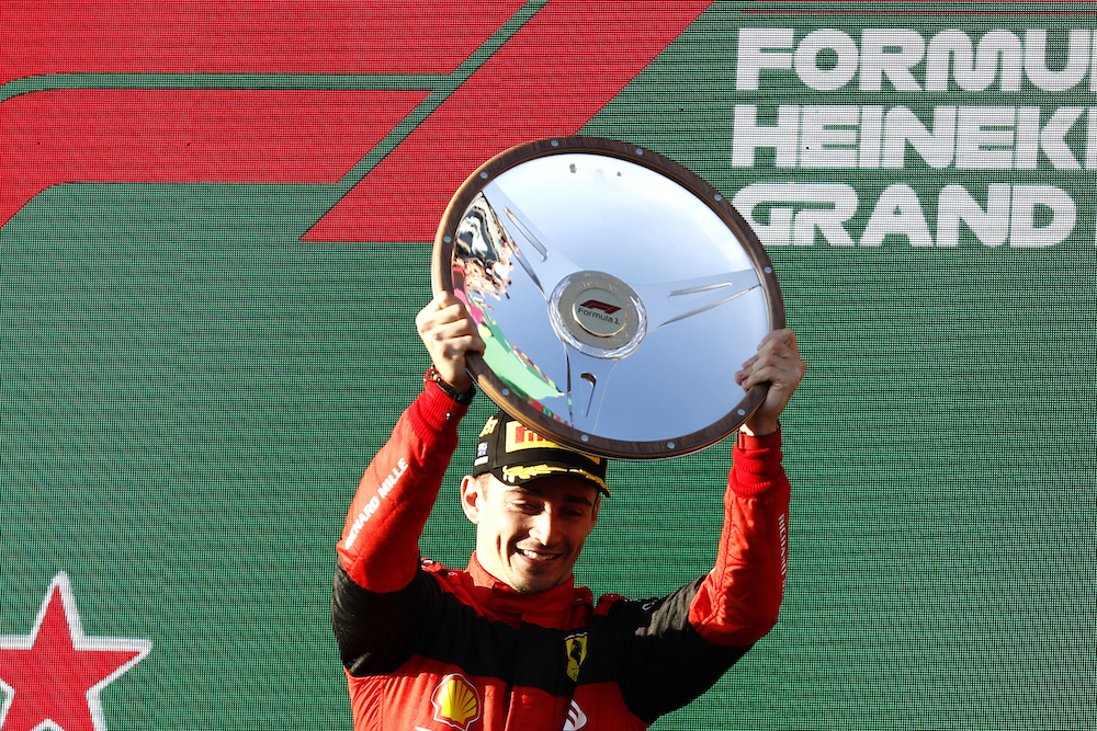 Ferrari's Monegasque driver Charles Leclerc celebrates his victory on the podium after the 2022 Formula One Australian Grand Prix at the Albert Park Circuit in Melbourne April 10, 2022. u00e2u20acu201d AFP pic
