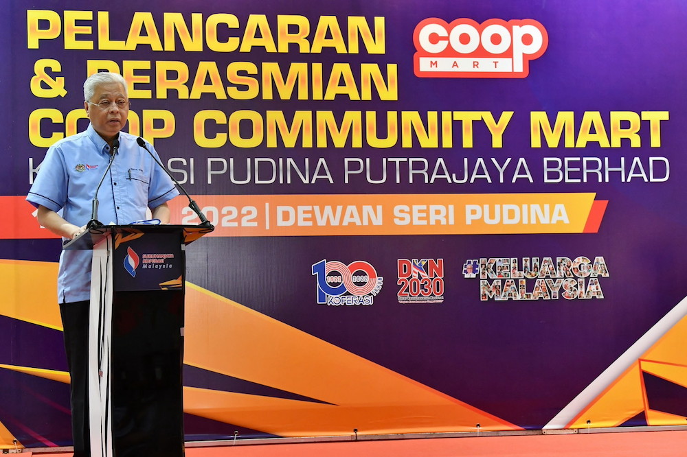 Prime Minister Datuk Seri Ismail Sabri Yaakob speaks at the launch of Koperasi Pudina Putrajaya Bhd Coopmart and Coop Community Mart in Putrajaya April 15, 2022. u00e2u20acu201d Bernama pic
