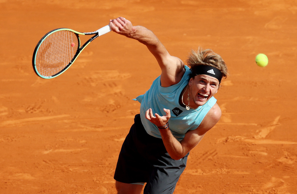 Germany's Alexander Zverev in action during his third round match against Spain's Pablo Carreno Busta in Monte Carlo April 14, 2022. u00e2u20acu201d Reuters pic 