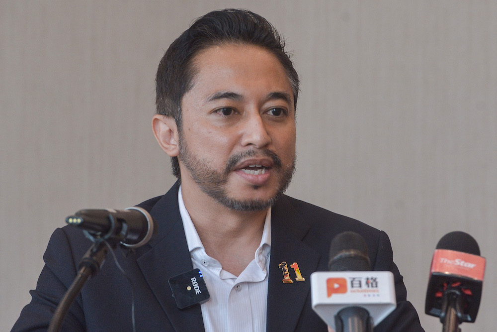 Representative of Datuk Seri Najib Razak, Isham Jalil speaks during a press conference on the Najib vs Anwar debate, Kuala Lumpur April 17, 2022. u00e2u20acu201d Picture by Miera Zulyana