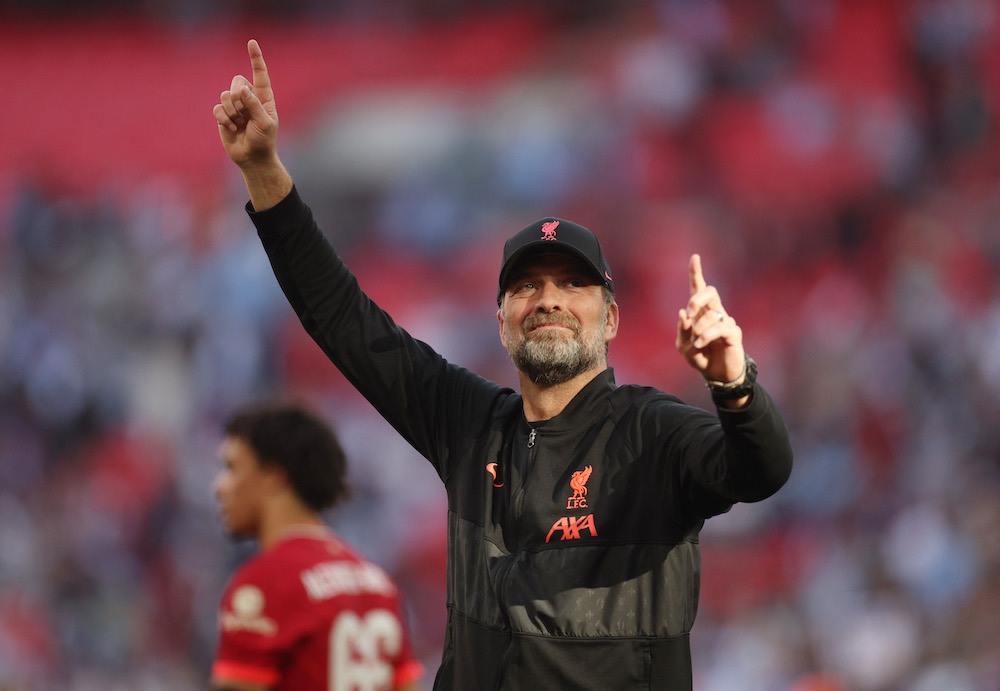 Liverpool manager Juergen Klopp celebrates after the match against Manchester City in London April 16, 2022. u00e2u20acu201d Action Images via Reuters/Carl Recine