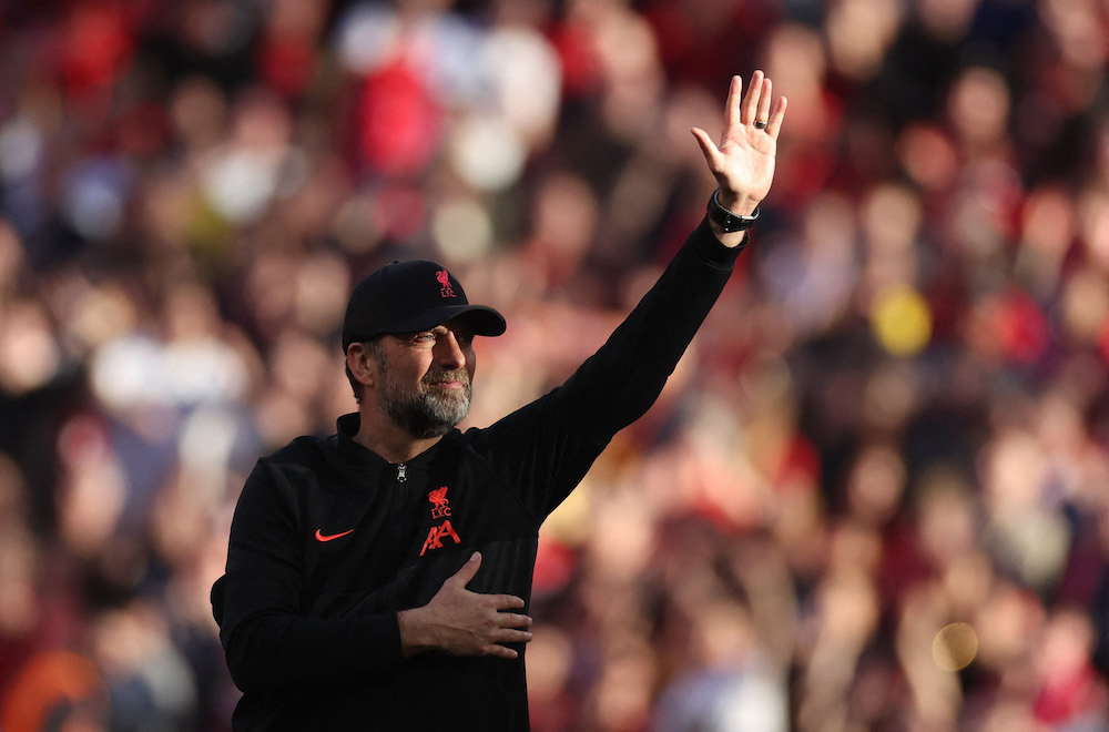 Liverpool manager Juergen Klopp celebrates after the match against Manchester City in London April 16, 2022. u00e2u20acu201d Action Images via Reuters/Carl Recine