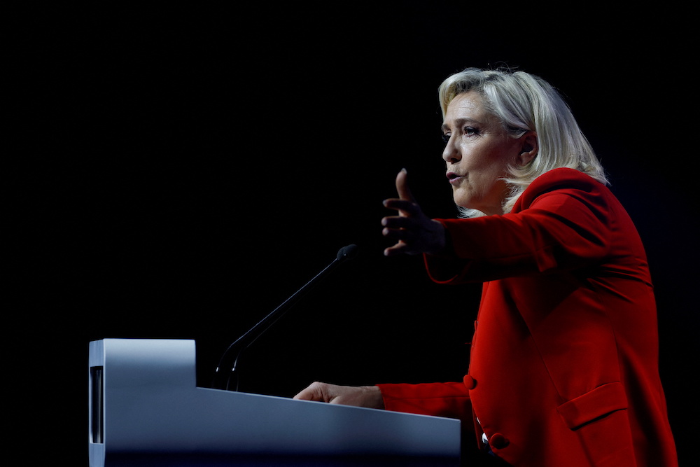 Marine Le Pen, French far-right National Rally party candidate for the 2022 French presidential election, speaks during a campaign meeting in Avignon, France April 14, 2022. — Reuters pic