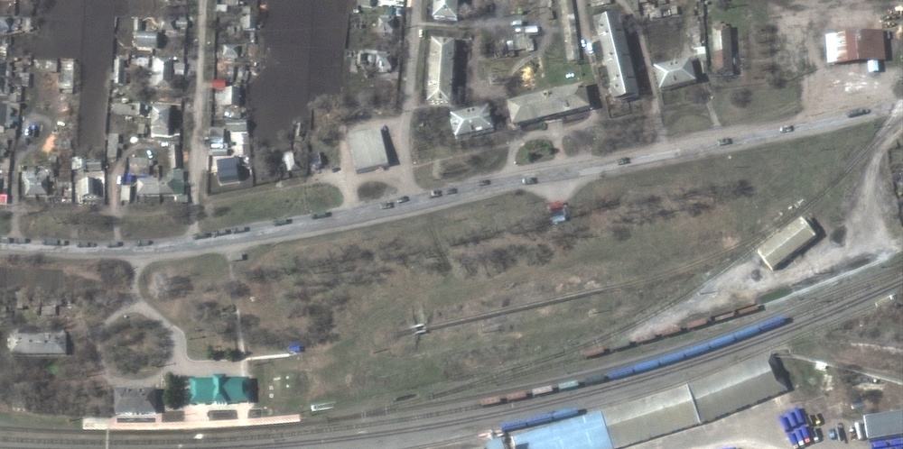 A satellite image shows armoured vehicles and trucks of a military convoy moving south through the Ukrainian town of Velykyi Burluk, Ukraine April 8, 2022. u00e2u20acu201d Satellite image 2022 Maxar Technologies handout via Reuters