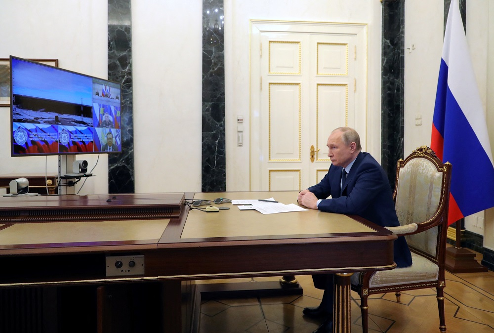 Russian President Vladimir Putin watches a test launch of the Sarmat intercontinental ballistic missile at Plesetsk cosmodrome in Arkhangelsk region, via video link in Moscow April 20, 2022. — Picture by Sputnik/Mikhail Klimentyev/Kremlin via Reuters