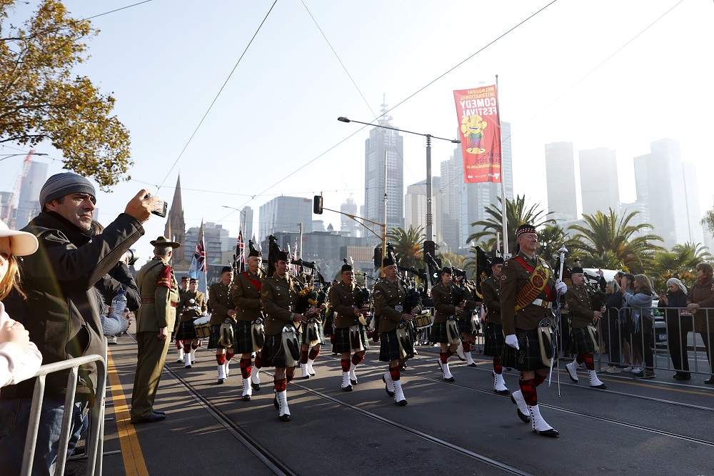 The marching parade during Anzac Day in Melbourne, Monday, April 25, 2022. u00e2u20acu201d AAP Image/Con Chronis via Reuters