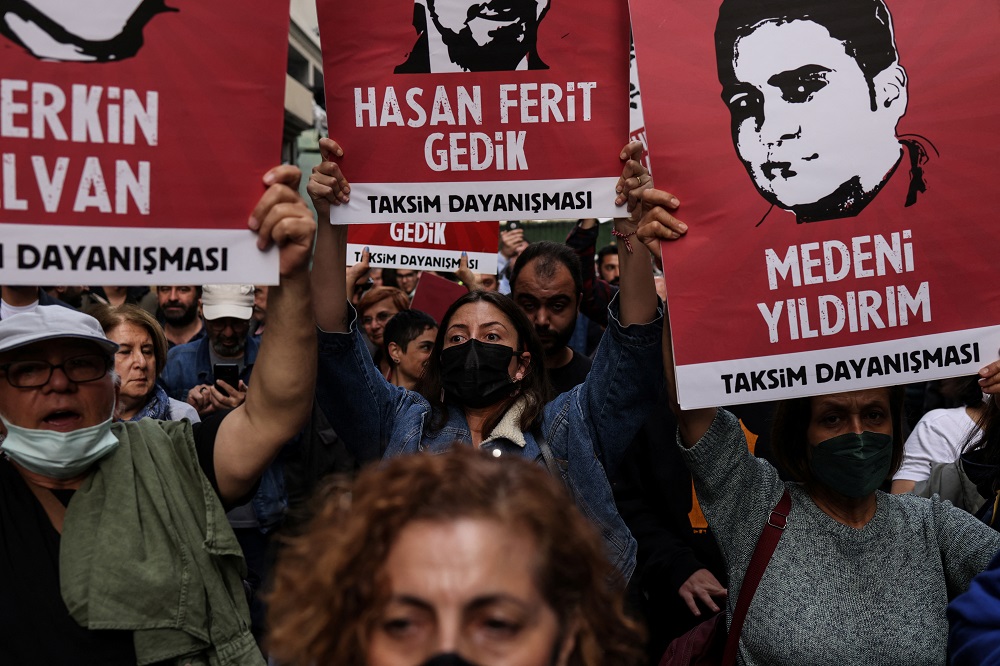 People take part in a protest against a Turkish court decision that sentenced philanthropist Osman Kavala to life in prison over trying to overthrow the government in Istanbul, Turkey, April 26, 2022. u00e2u20acu201d Reuters pic