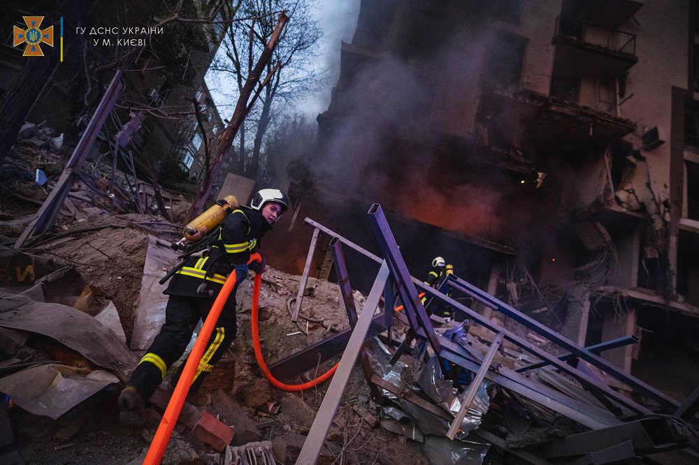 Rescuers work at a site of a residential building damaged by a missile strike in Kyiv April 29, 2022. u00e2u20acu201d Picture by press service of the State Emergency Service of Ukraine/Handout via Reuters