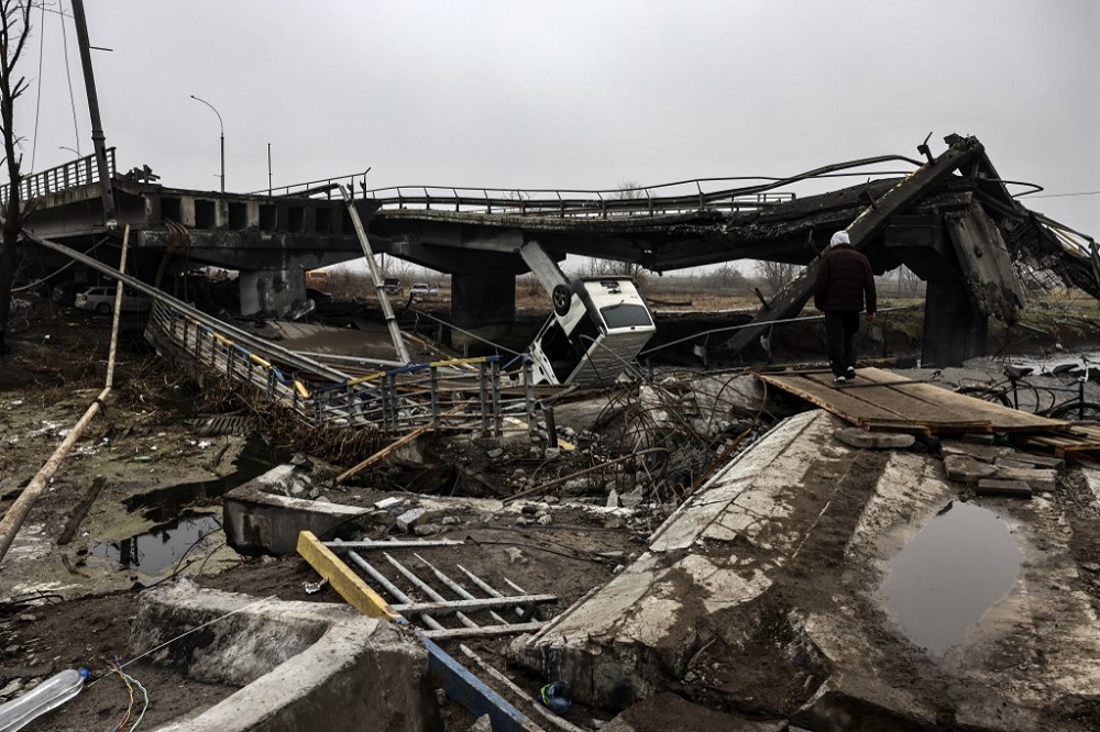 A destroyed bridge is pictured at the entrance of Irpin near Kyiv April 1, 2022. u00e2u20acu201d AFP pic 