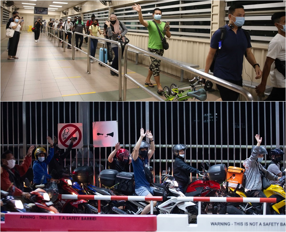 People waving and cheering as they make their trip across the Causeway after midnight on April 1, 2022. u00e2u20acu201d TODAY pic