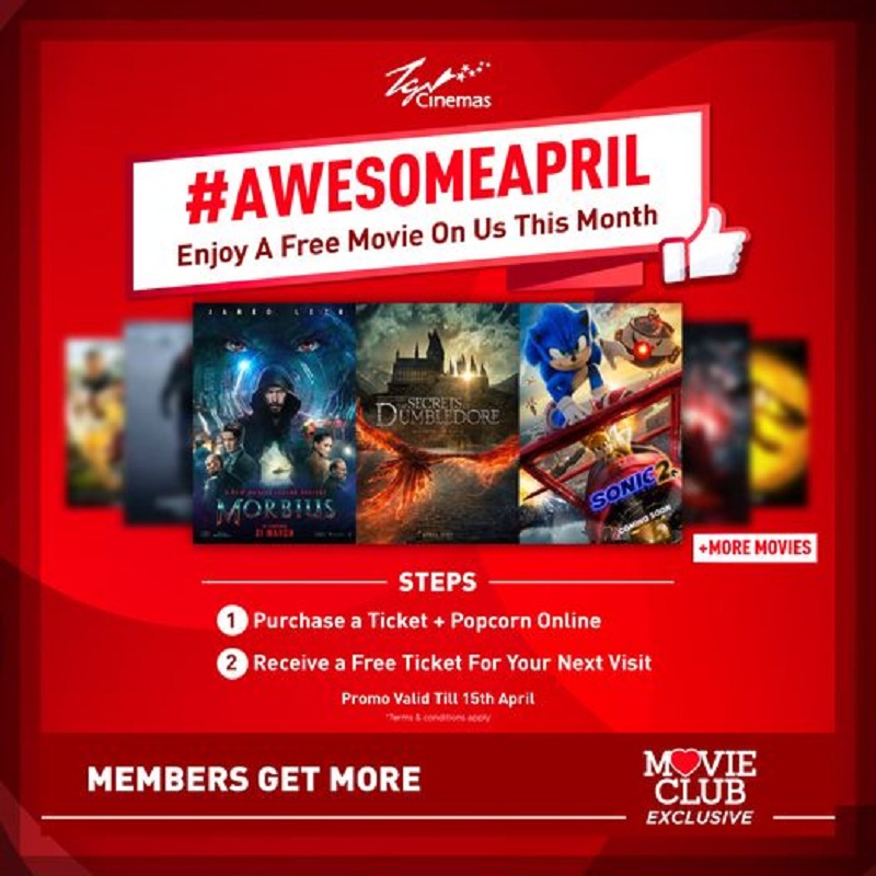 TGV Cinemas is giving away a free movie ticket for a purchase of a movie ticket and a popcorn set online in April. u00e2u20acu201d Picture via Facebook/ TGV Cinemas 
