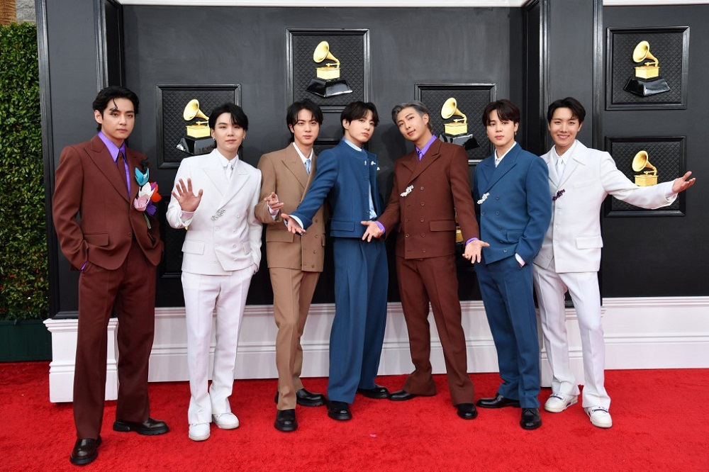South Korean boy band BTS arrives for the 64th Annual Grammy Awards at the MGM Grand Garden Arena in Las Vegas April 3, 2022. u00e2u20acu201d AFP pic