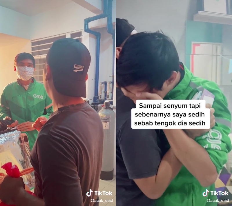 Muhd Fareast inviting the Grab rider into his home to break fast with him (left) while the rider gets emotional upon receiving the duit Raya. u00e2u20acu201d Picture via TikTok/ acak_eastnn