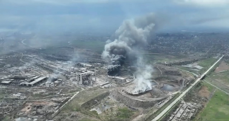 Smoke rises above Azovstal steelworks, in Mariupol, Ukraine, in this still image obtained from a recent drone video posted on social media. u00e2u20acu201d Mariupol city council via Reuters nn