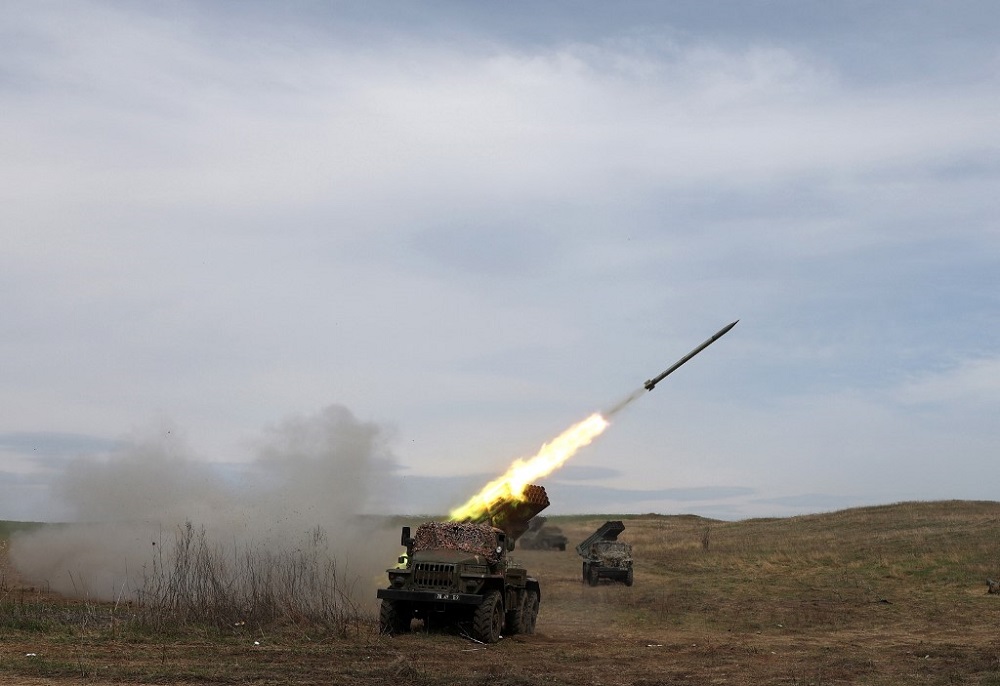 A Ukrainian multiple rocket launcher BM-21 u00e2u20acu02dcGradu00e2u20acu2122 shells Russian troopsu00e2u20acu2122 position, near Lugansk, in the Donbas region April 10, 2022. u00e2u20acu201d AFP pic