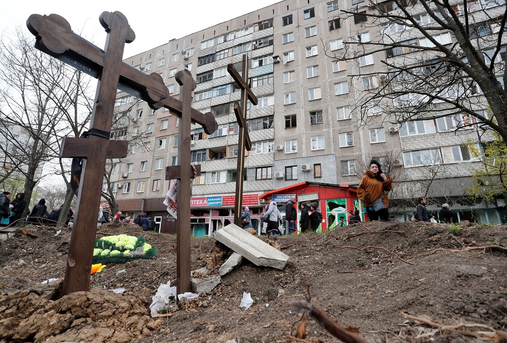 A view shows graves of civilians killed during Ukraine-Russia conflict in the southern port city of Mariupol, Ukraine April 19, 2022. — Reuters pic