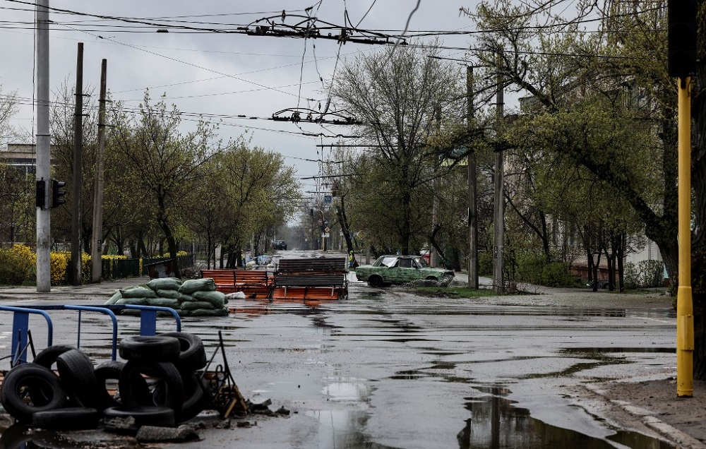 Remains of barricades are pictured in a street of Severodonetsk, in eastern Ukraineu00e2u20acu2122s Donbass region April 13, 2022. u00c2u00acu00e2u20acu201d AFP pic