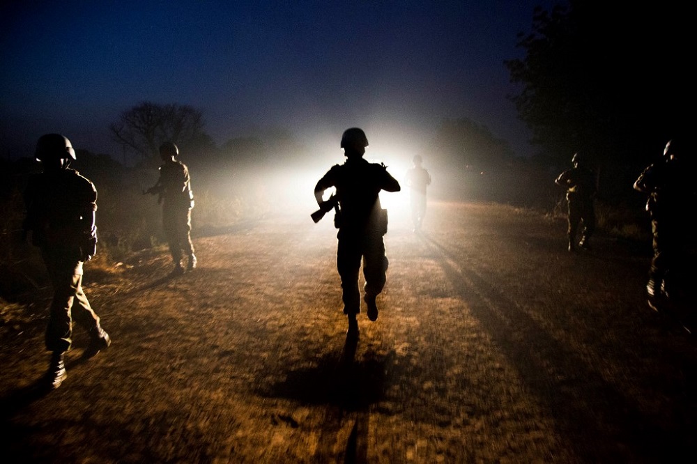 Peacekeeper troops from Ethiopia and deployed in the United Nations Interim Security Force for Abyei patrol at night in Abyei town, Abyei state December 14, 2016. u00e2u20acu201d AFP pic