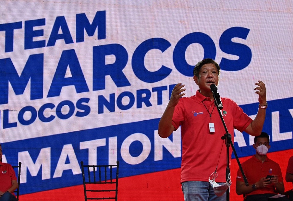 Philippine presidential candidate Ferdinand u00e2u20acu02dcBongbongu00e2u20acu2122 Marcos Jr, the son of late dictator Ferdinand Marcos, speaks to supporters during a campaign rally in Laoag City, Ilocos norte province March 25, 2022. u00e2u20acu201d AFP pic