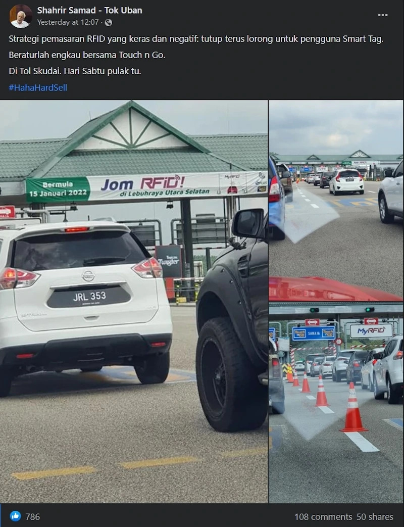 A social post on Shahrir Samad – Tok Uban Facebook page claims there was no SmartTAG lane at Skudai Toll Plaza on April 2, 2022 with vehicles forming long lines at slower Touch ‘n Go lanes. — Screencap via Facebook/Shahrir Samad – Tok Uban