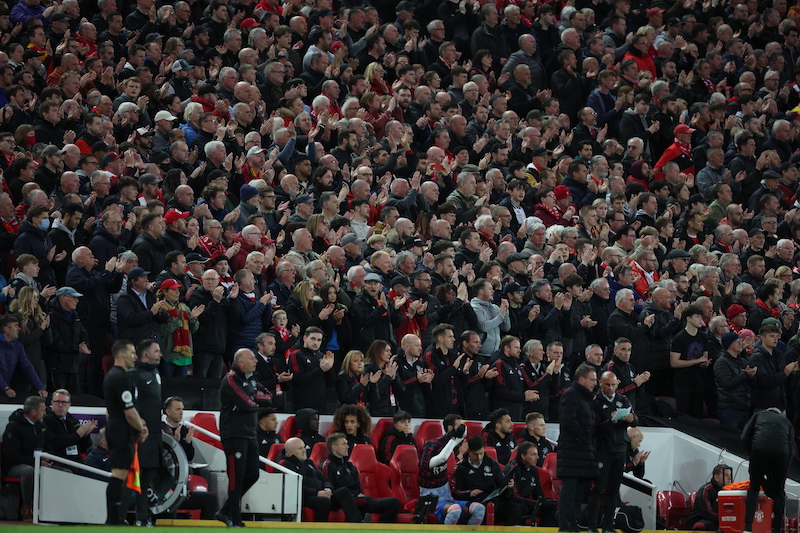 Liverpool fans applaud on the seventh minute for Manchester United's Cristiano Ronaldo and his family, Liverpool April 22, 2022. u00e2u20acu201d Reuters pic