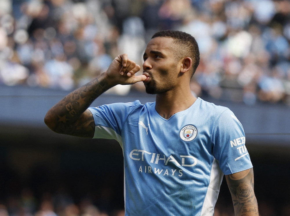 Manchester City's Gabriel Jesus celebrates after scoring their fourth goal against Watford to complete his hat-trick, April 23, 2022. u00e2u20acu201d Action Images via Reuters/Jason Cairnduff 