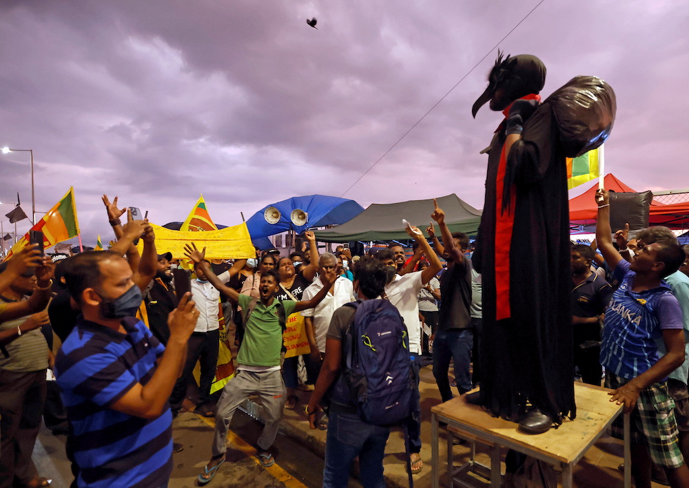 A demonstrator dressed as a crow takes part in the protest against Sri Lankan President Gotabaya Rajapaksa, near the Presidential Secretariat, amid the country's economic crisis, in Colombo April 27, 2022. u00e2u20acu201d Reuters pic