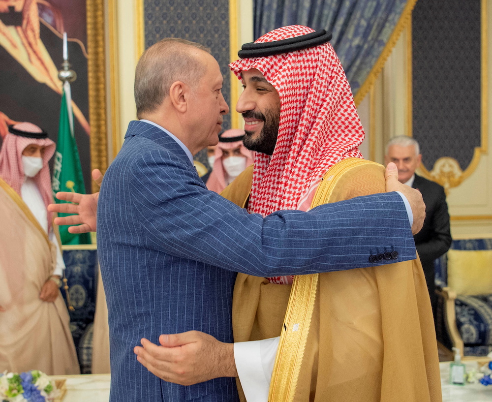 Saudi Crown Prince, Mohammed bin Salman meets Turkish President Recep Tayyip Erdogan upon his arrival in Jeddah, Saudi Arabian, April 28, 2022. u00e2u20acu201d Bandar Algaloud/Courtesy of Saudi Royal Court/Handout via Reuters